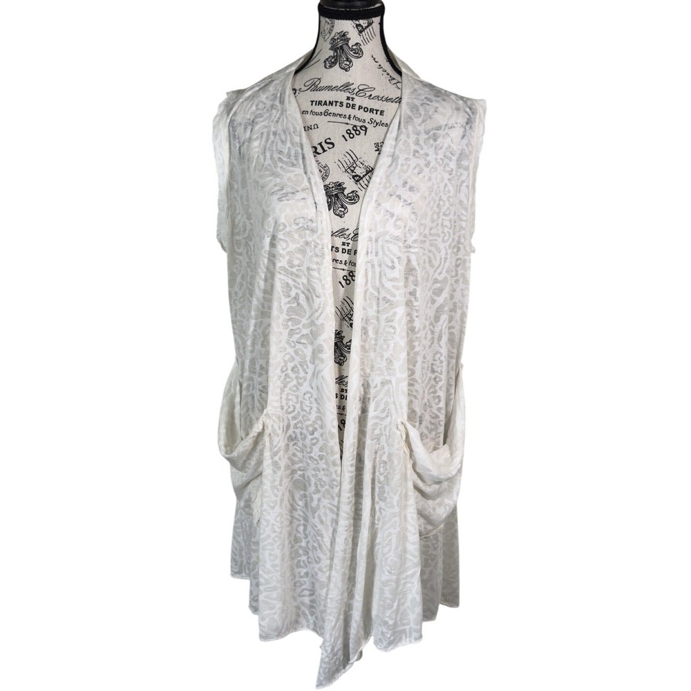 White Lace Sz M Sleeveless Swim Cover Up Vest Open Front Duster Pockets - Picture 2 of 6